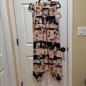 Nina Leonard Blush Floral and Black Striped Sleeveless Dress